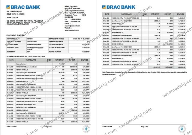 Bangladesh BRAC Bank account statement Word and PDF, 2 pages